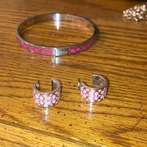 Coach Signature C Bangle Bracelet & Earrings - Silver and Pink - EUC